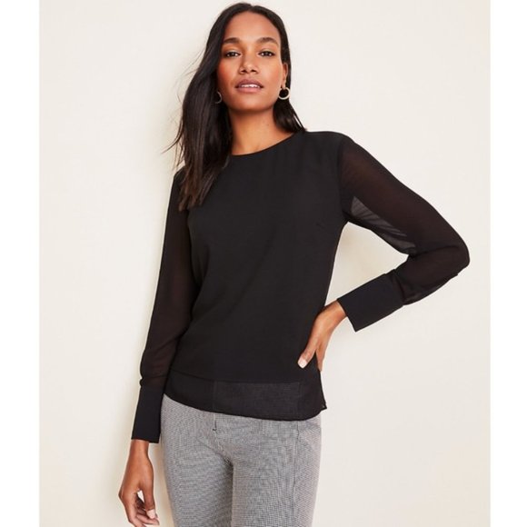 Ann Taylor Black Layered Blouse Sheer Sleeves in Small - Picture 1 of 9
